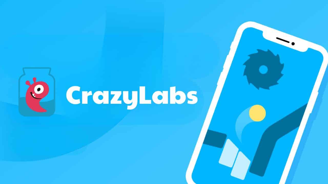 crazylabs logo with a smartphone over blue background.