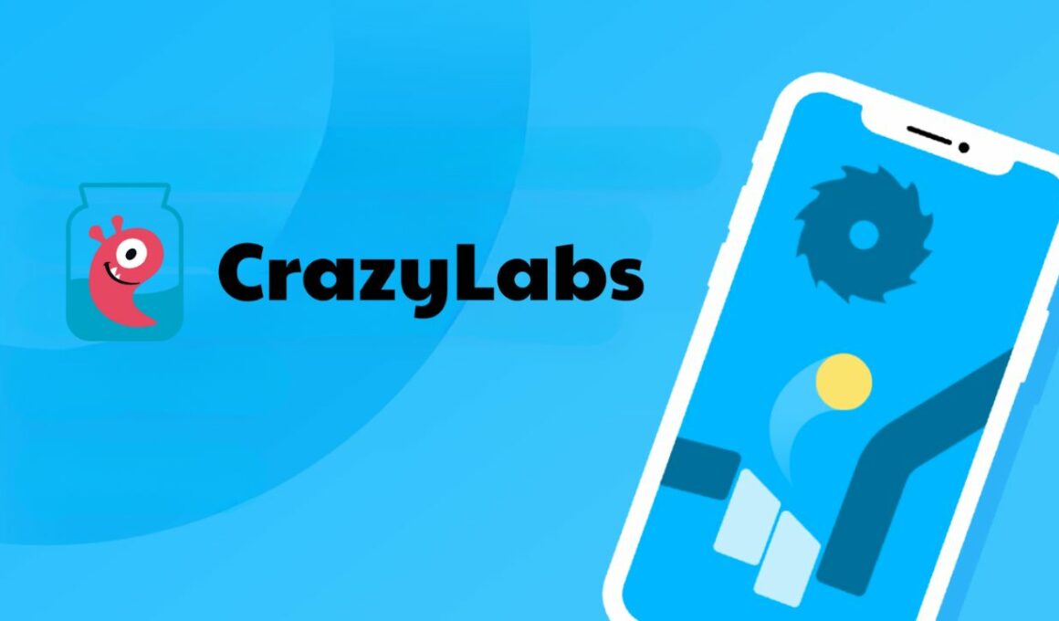 crazylabs logo with a smartphone over blue background.