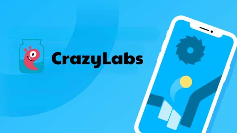 crazylabs logo with a smartphone over blue background.