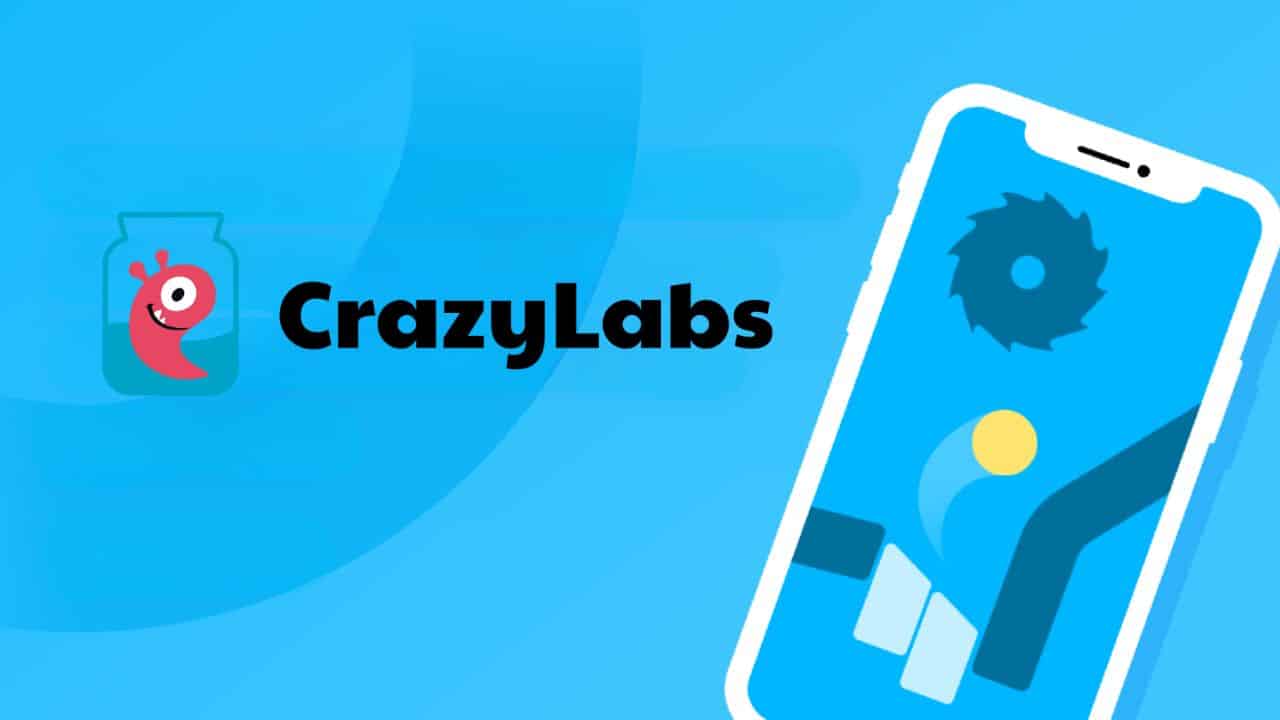 crazylabs logo with a smartphone over blue background.
