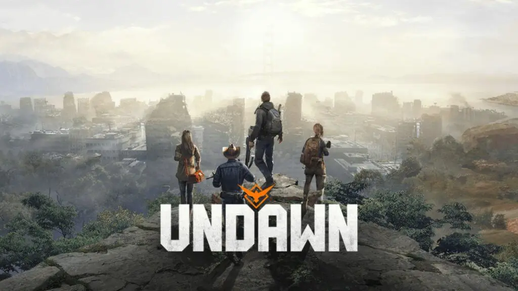 undawn title screen with game characters looking over a hill to a post-apocalyptic world.