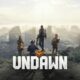 undawn title screen with game characters looking over a hill to a post-apocalyptic world.