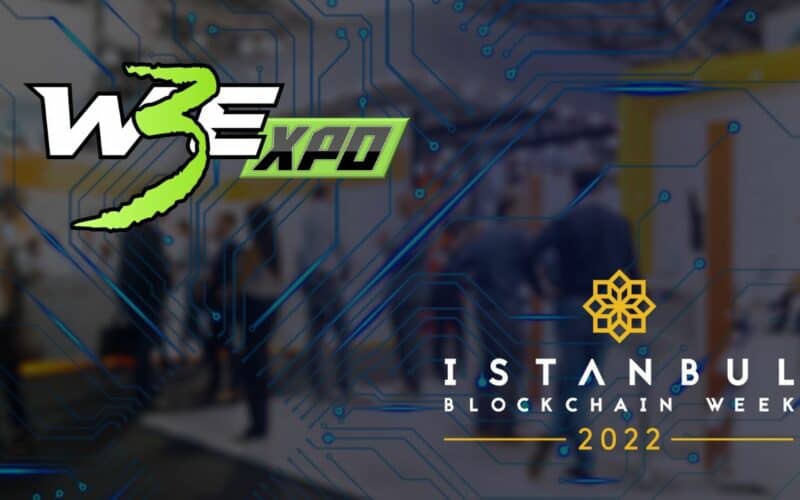 w3expo and istanbul blockchain week logos together over a background image of a business crowd.