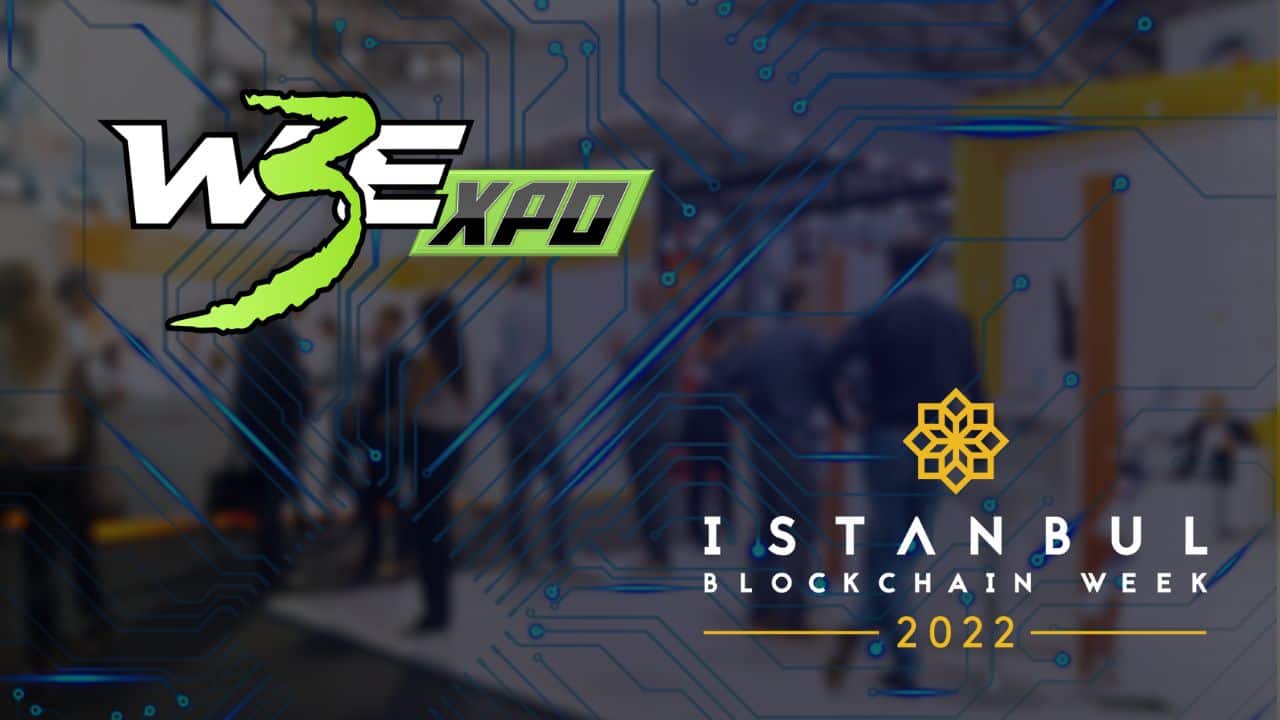 w3expo and istanbul blockchain week logos together over a background image of a business crowd.