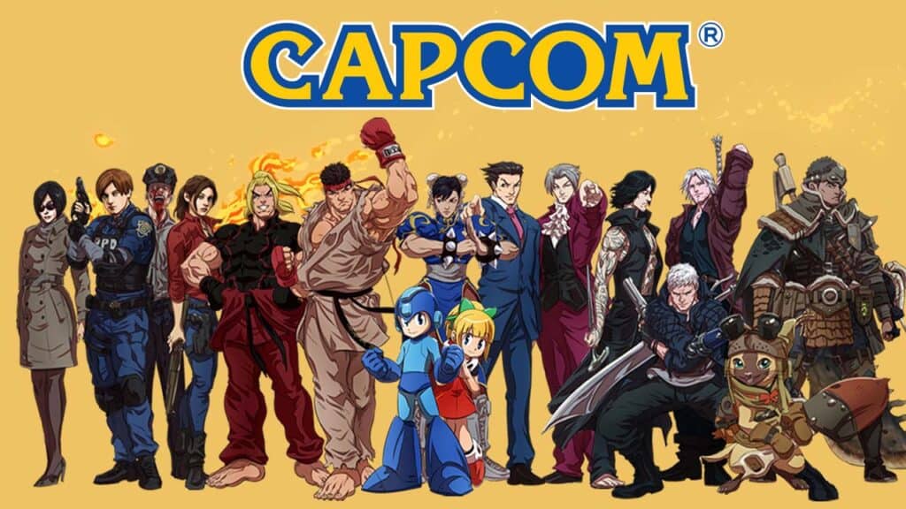 Capcom game's characters posing together. These characters include Ken and Ryu from Street Fighter and main protagonist from Monster Hunter series.