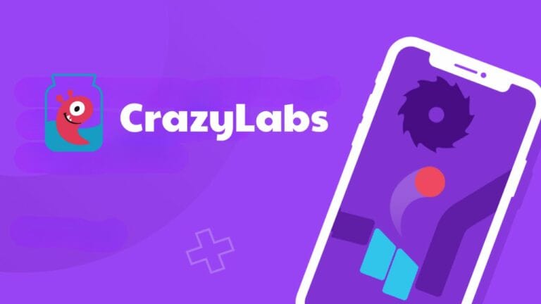 crazylabs logo next to a smart devide over purple background.