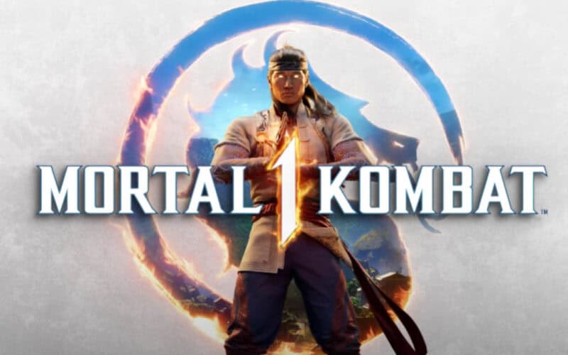 Fire God Lui Kang posing in front of the new Mortal Kombat 1 logo.