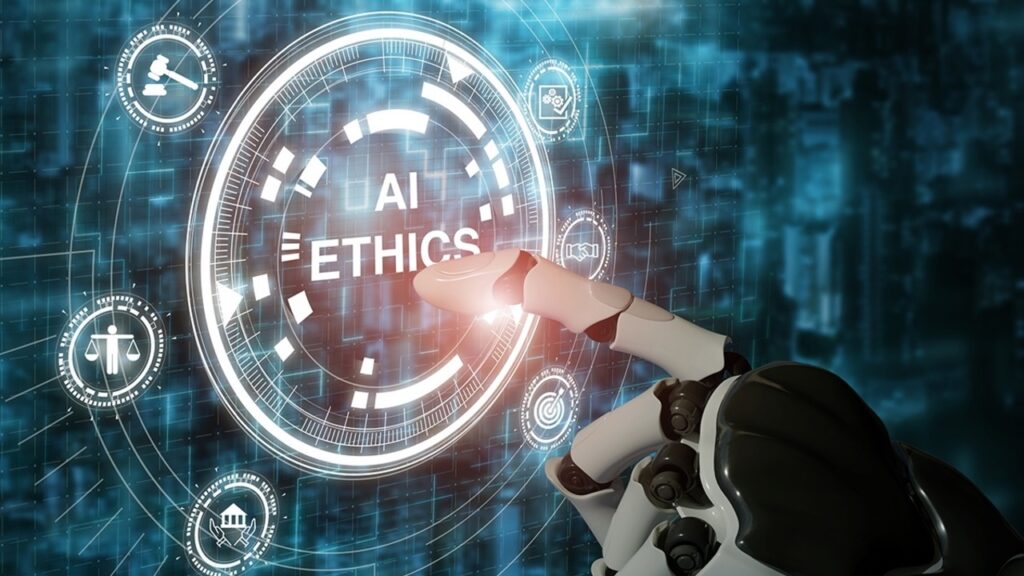 robot hand clicking on ai ethics button