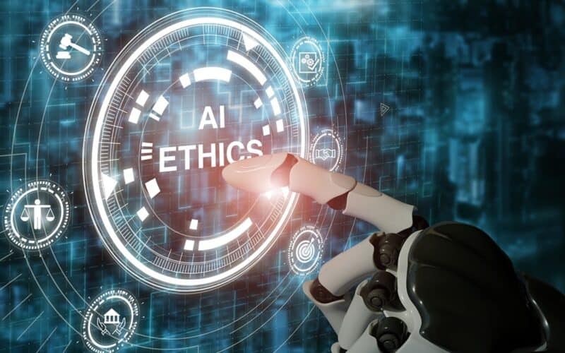 robot hand clicking on ai ethics button