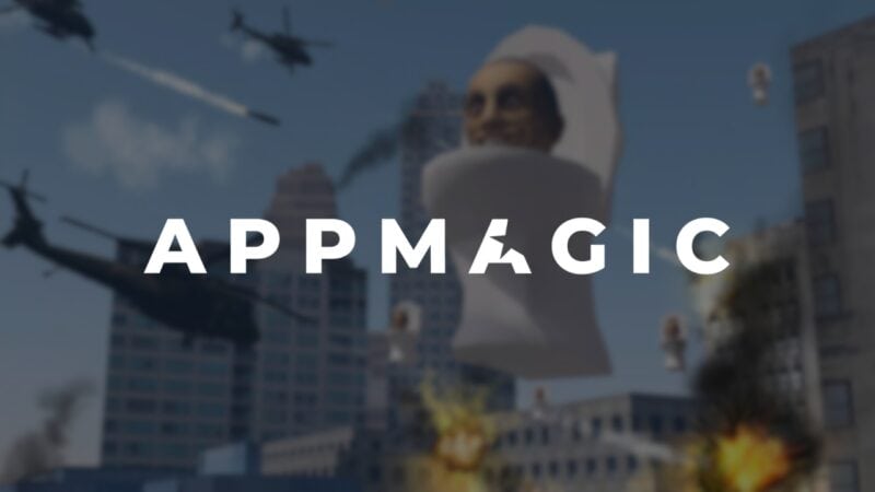 appmagic logo over an image from skibidi toilet hyper-casual game.