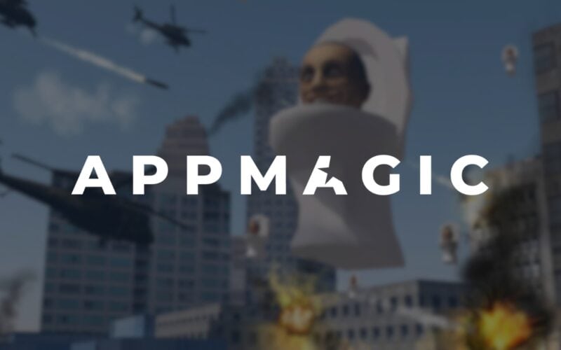 appmagic logo over an image from skibidi toilet hyper-casual game.
