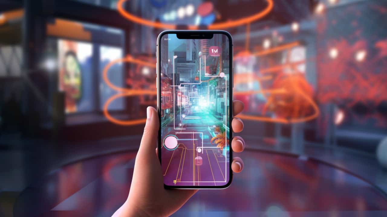 phone with a game on screen in a cyber city