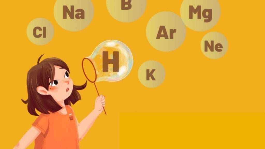 elektron avı oyunuyla periyodik tablosunu öğrenen karikatürize bir çocuk.