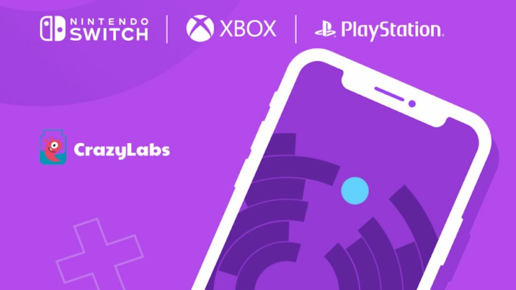 crazy labs logo next to a smartphone with xbox, nintendo switch and playstation logos at the top.