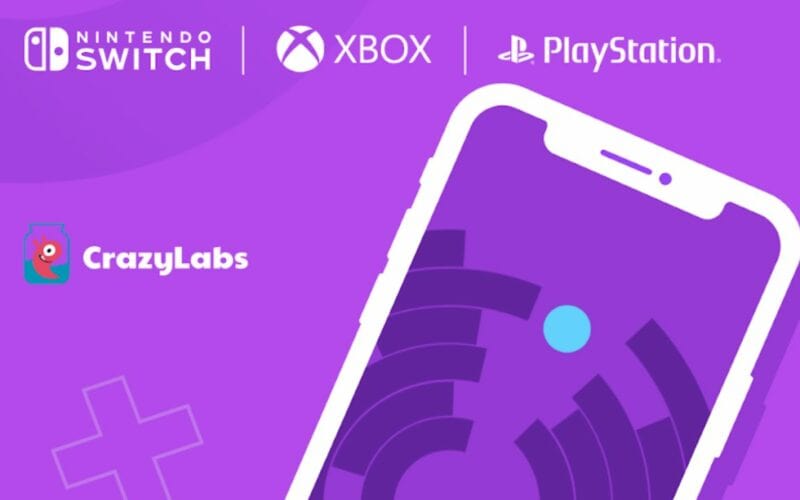 crazy labs logo next to a smartphone with xbox, nintendo switch and playstation logos at the top.