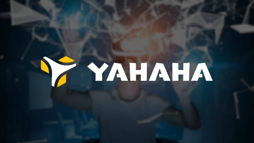 yahaha logo over futuristic stock image.