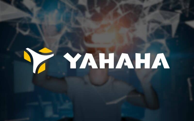 yahaha logo over futuristic stock image.