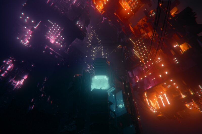 Colorful image with cyberpunk game-like environment