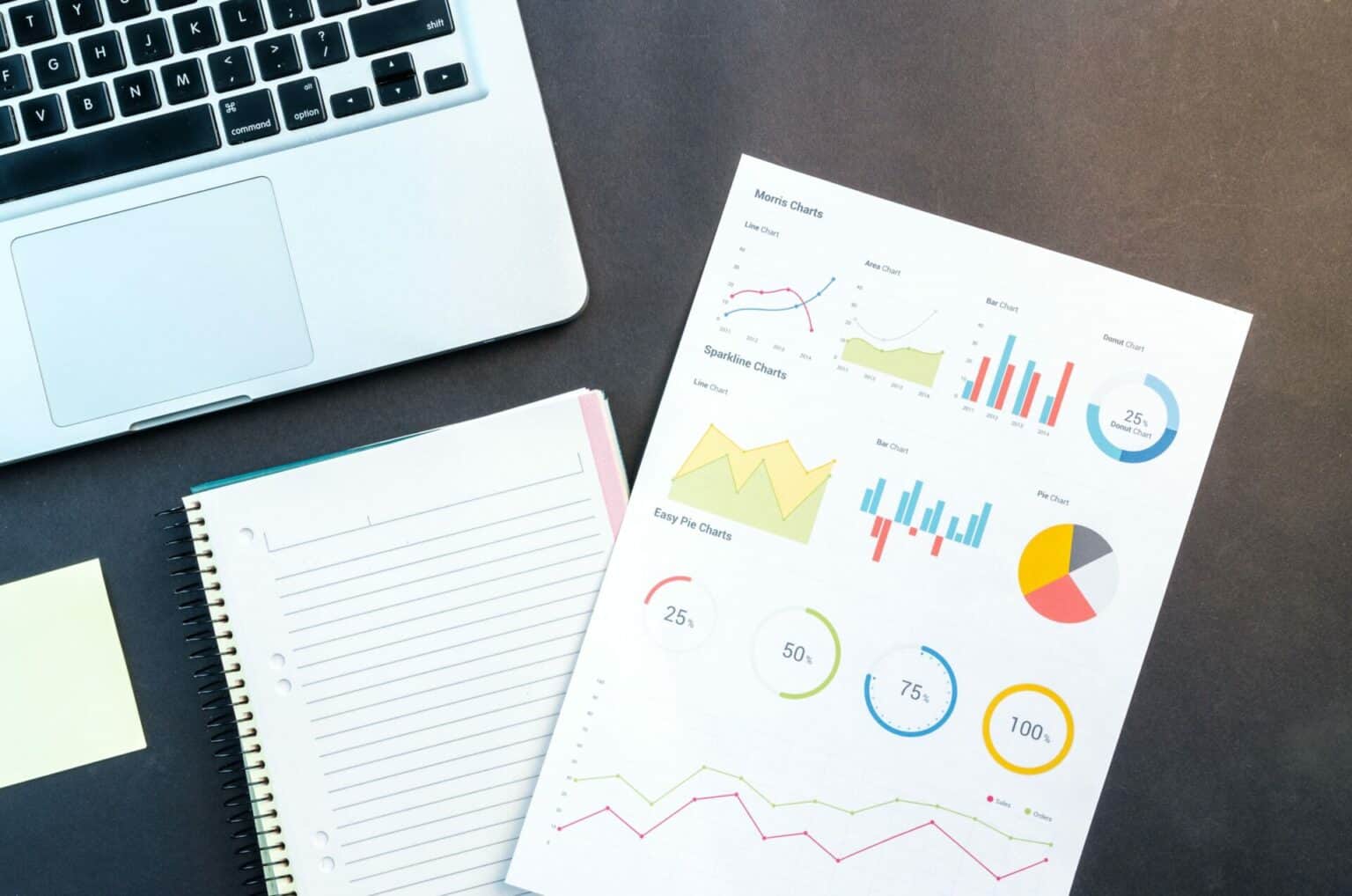 graphs and charts, notebook and a laptop on a table