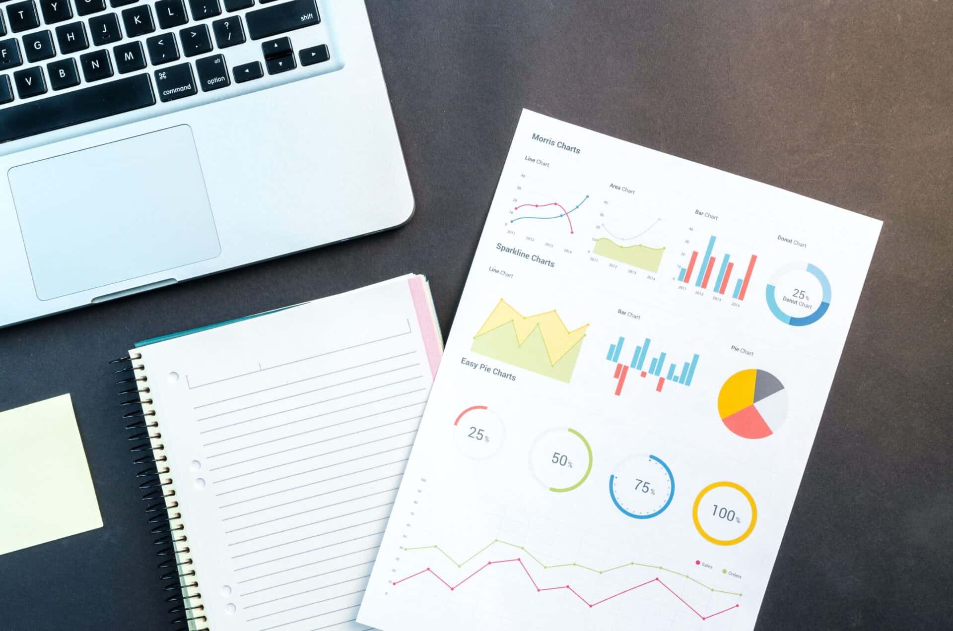 graphs and charts, notebook and a laptop on a table