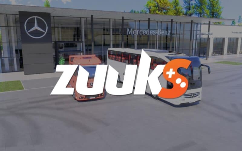 mercedes benz vehicles in front of a showroom with zuuks games logo over the image.