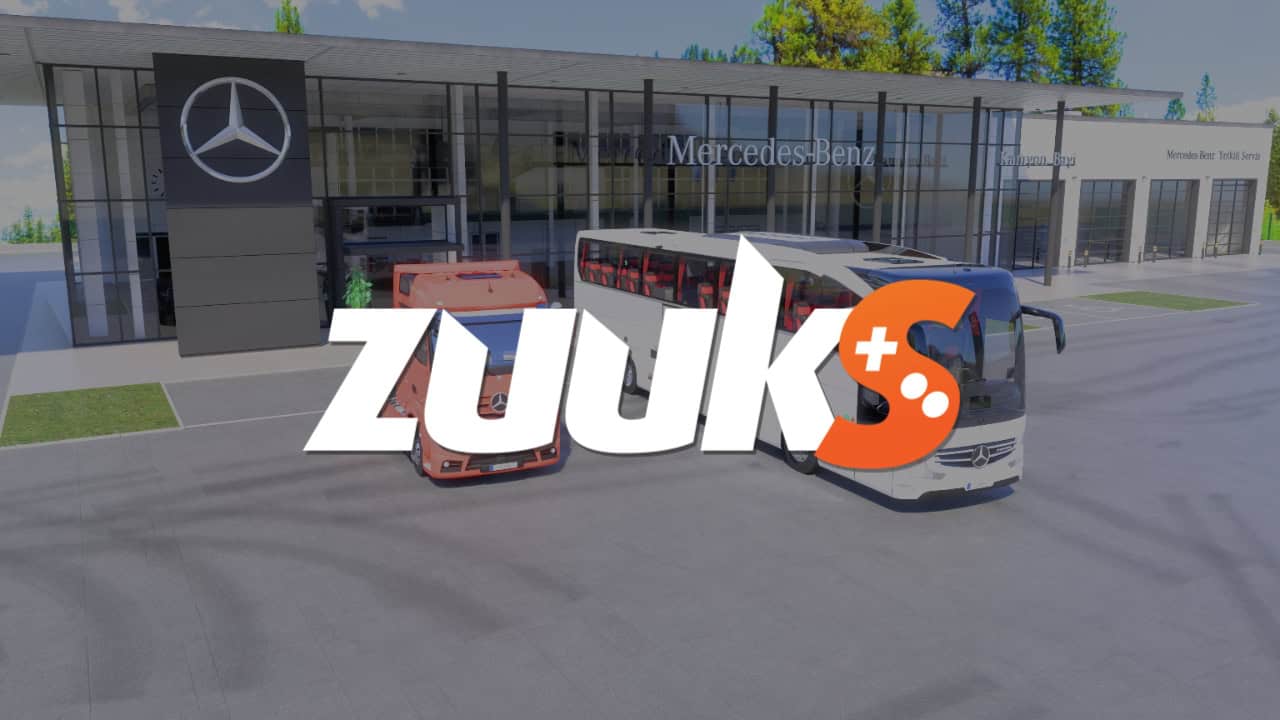 mercedes benz vehicles in front of a showroom with zuuks games logo over the image.
