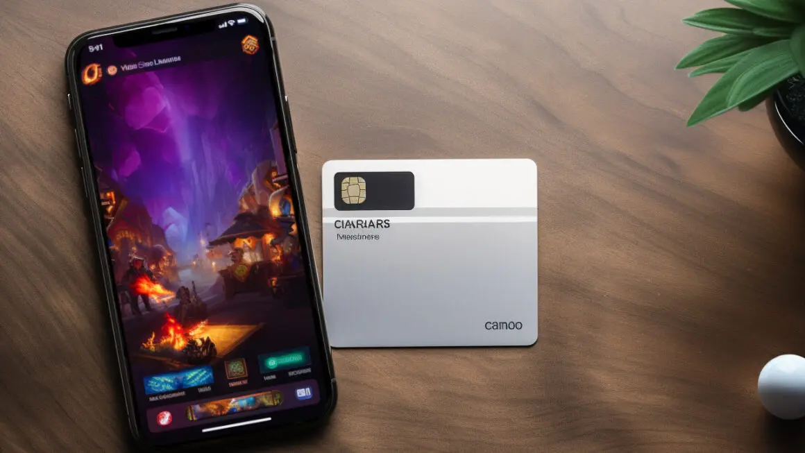 a credit card and a mobile game on an iphone side by side in a flat image
