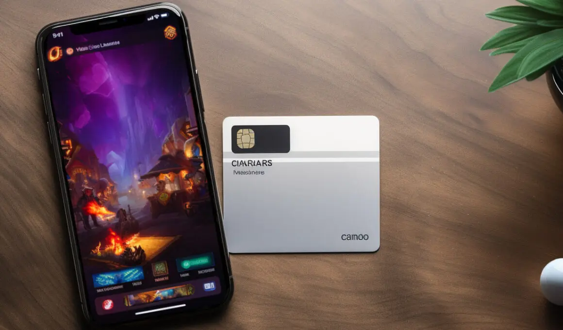 a credit card and a mobile game on an iphone side by side in a flat image
