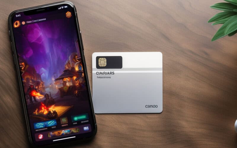 a credit card and a mobile game on an iphone side by side in a flat image