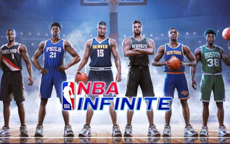 NBA players standing together under nba infinite logo