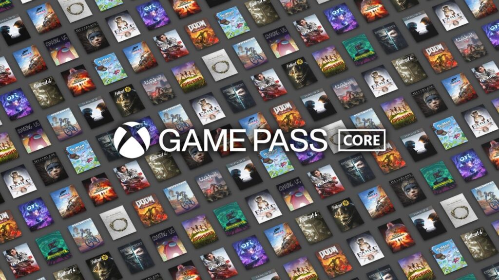 game pass core logo over thumbnails of various video games.