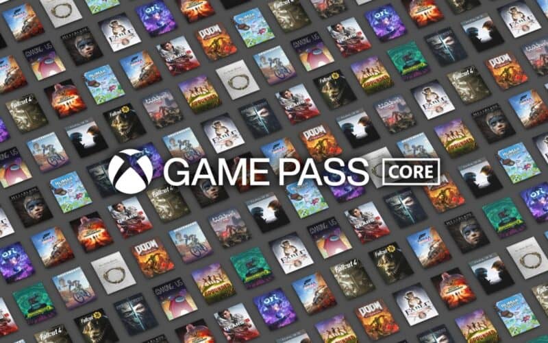 game pass core logo over thumbnails of various video games.