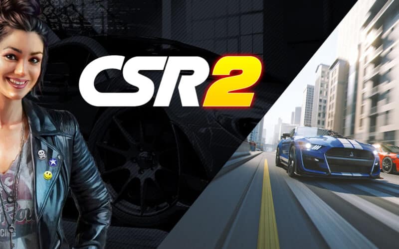 CSR Racing 2 logo with in game character on the left and cars on the right.