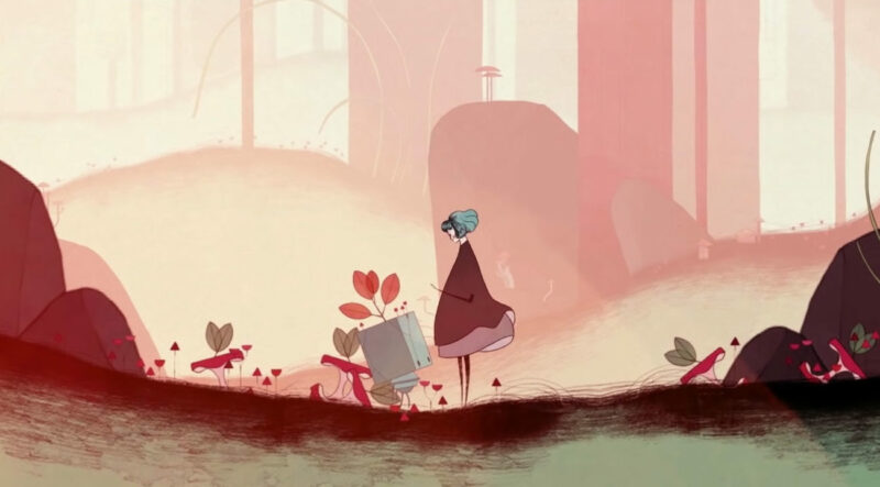 a scene from the game GRIS where the girl is standing in a forest