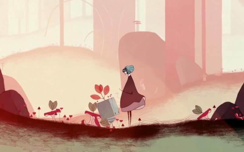 a scene from the game GRIS where the girl is standing in a forest
