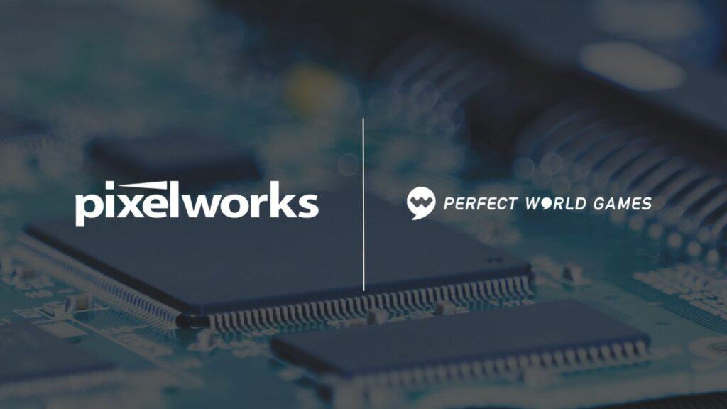 logos of pixelworks and perfect world games over the image of an integrated circuit.