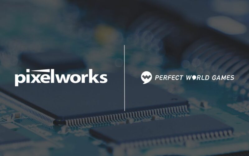 logos of pixelworks and perfect world games over the image of an integrated circuit.
