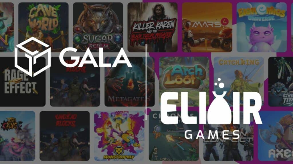 gala games and elixir games logo over a screenshot of elixir games platform.