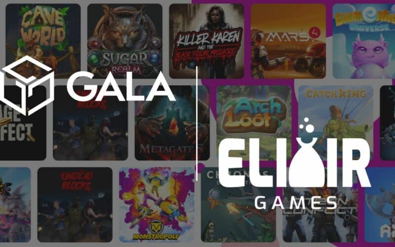 gala games and elixir games logo over a screenshot of elixir games platform.