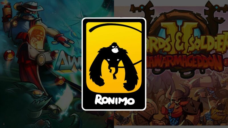 the header image for the article "has ronimo games filed for bankruptcy?" featuring company logo over images from their most famous games.