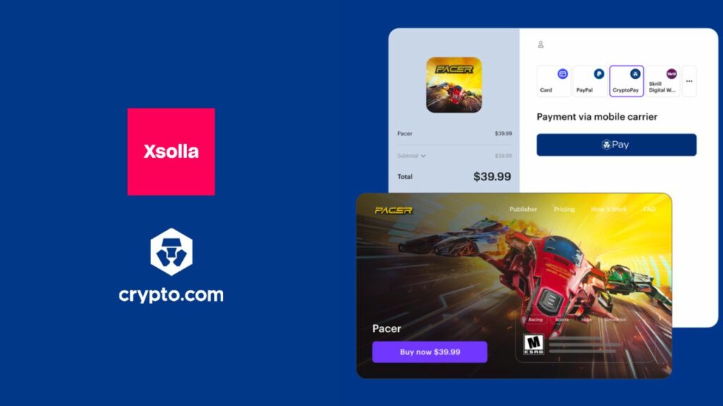 xsolla and crypto.com logos with crypto payment interface images.