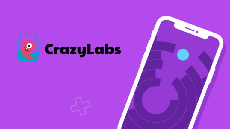 crazylabs logo next to a smartphone illustration ove purple background.