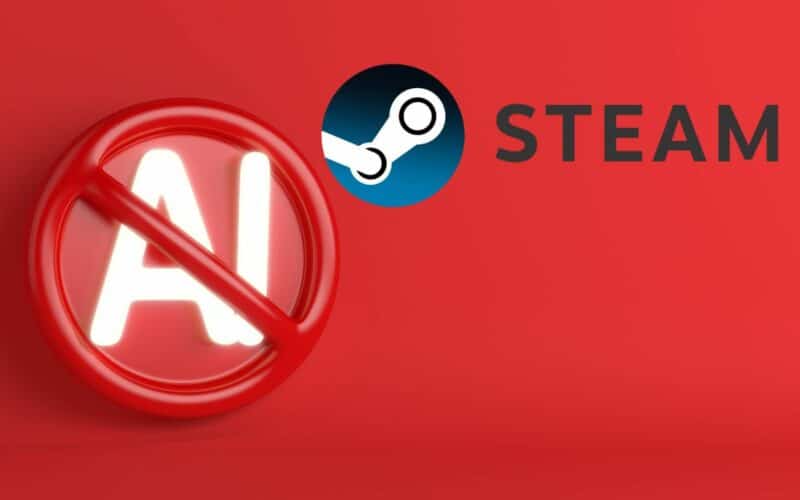 cover image for the article "Steam banned an indie developer’s game because of AI content" featuring steam logo with AI banned logo next to it.