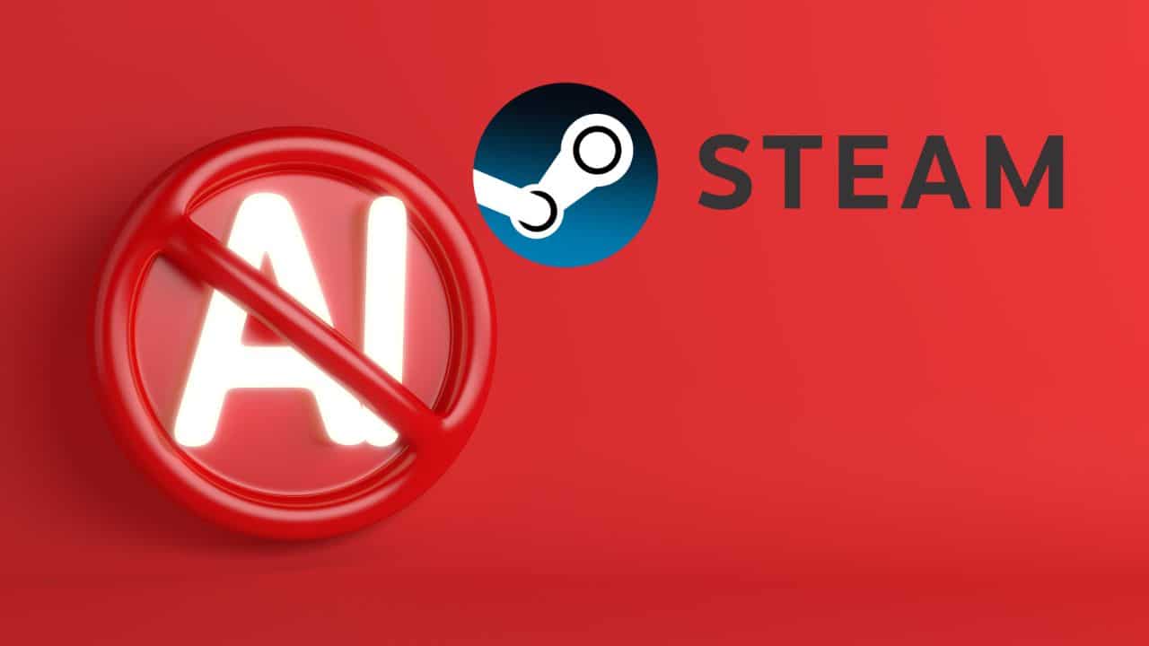cover image for the article "Steam banned an indie developer’s game because of AI content" featuring steam logo with AI banned logo next to it.