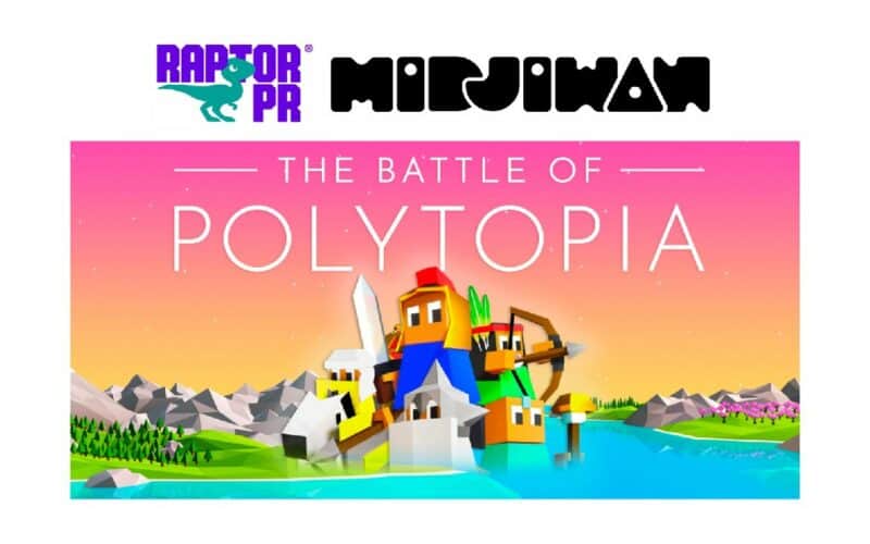 title image for the battle of polytopia along with the developer midjivan's and raptor pr's logos.