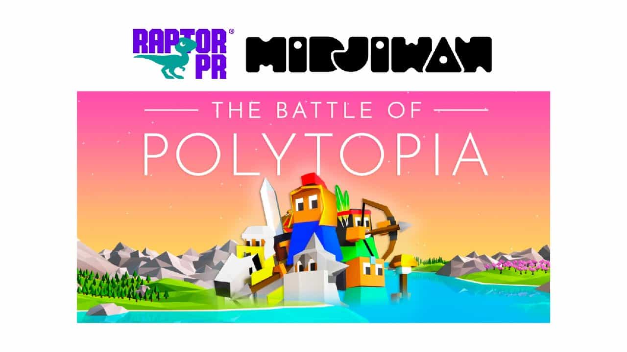 title image for the battle of polytopia along with the developer midjivan's and raptor pr's logos.