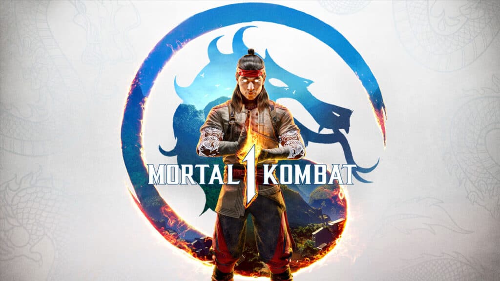mortal kombat 1 poster with liu kang posing with his flaming dragon punch.
