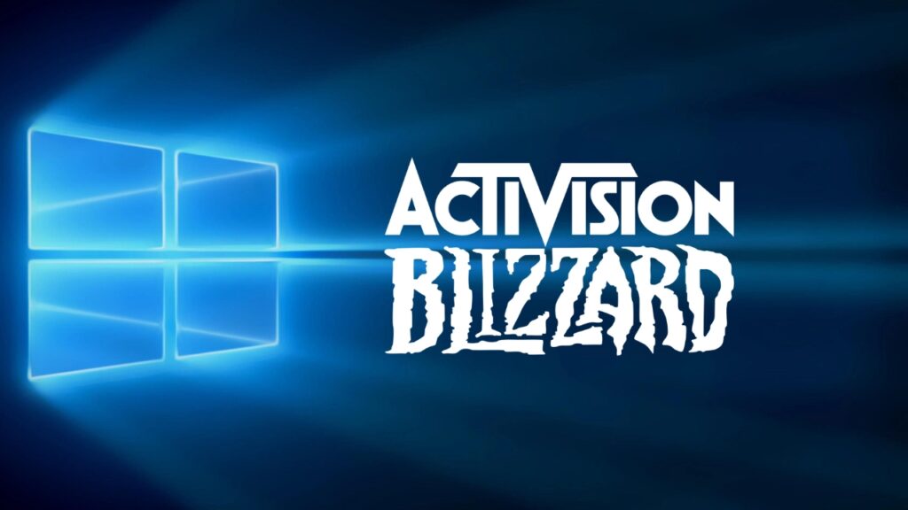 activision blizzard logo over microsoft windows 10 default wallpaper.