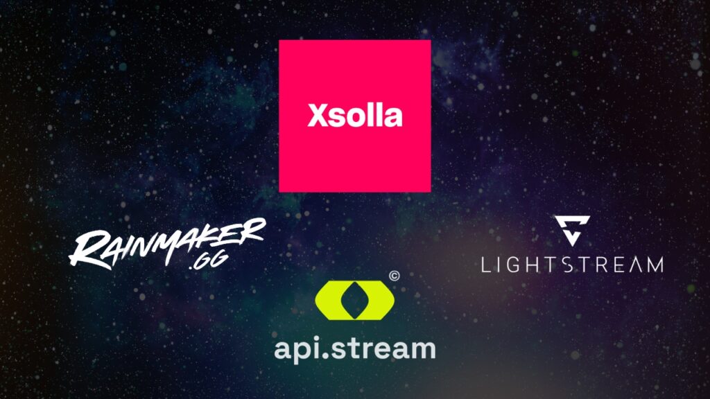 xsolla, lightstream, api.stream, rainmaker.gg logos over a space background.