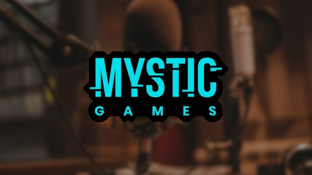 mystic games logo over dark background.